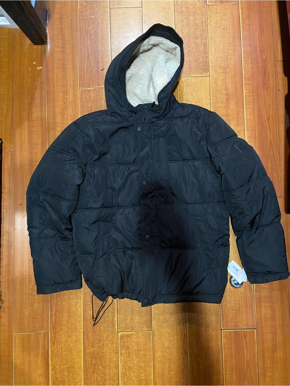 Lucky Brand Black Hooded Puffer Jacket with Sherpa Hood Lining